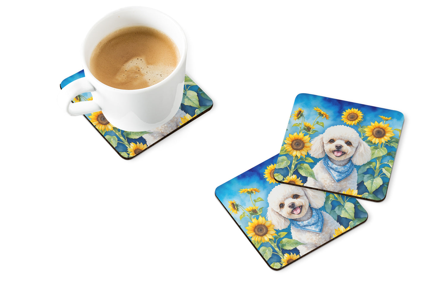 White Poodle in Sunflowers Foam Coasters Set of 4 Cup Coasters for Indoor Outdoor, Tabletop Protection, Anti Slip, Mouse pad Material