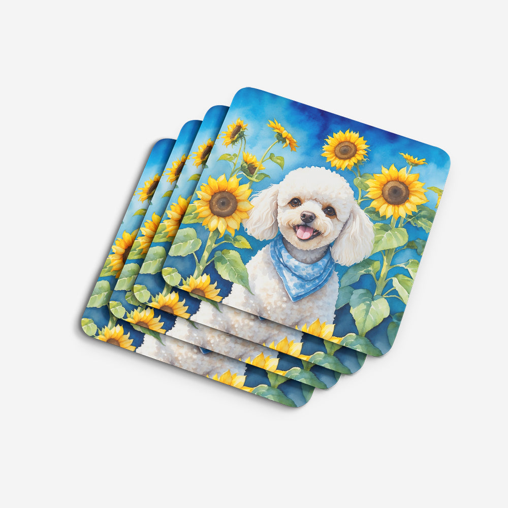 White Poodle in Sunflowers Foam Coasters Set of 4 Cup Coasters for Indoor Outdoor, Tabletop Protection, Anti Slip, Mouse pad Material