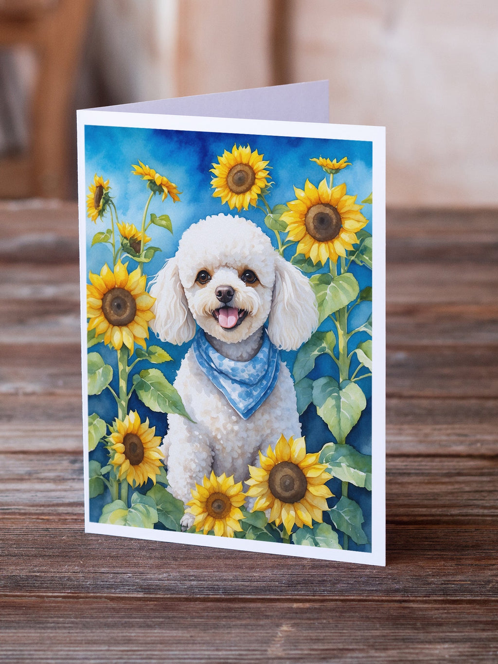 White Poodle in Sunflowers Greeting Cards Pack of 8 Blank Cards with Envelopes Whimsical A7 Size 5x7