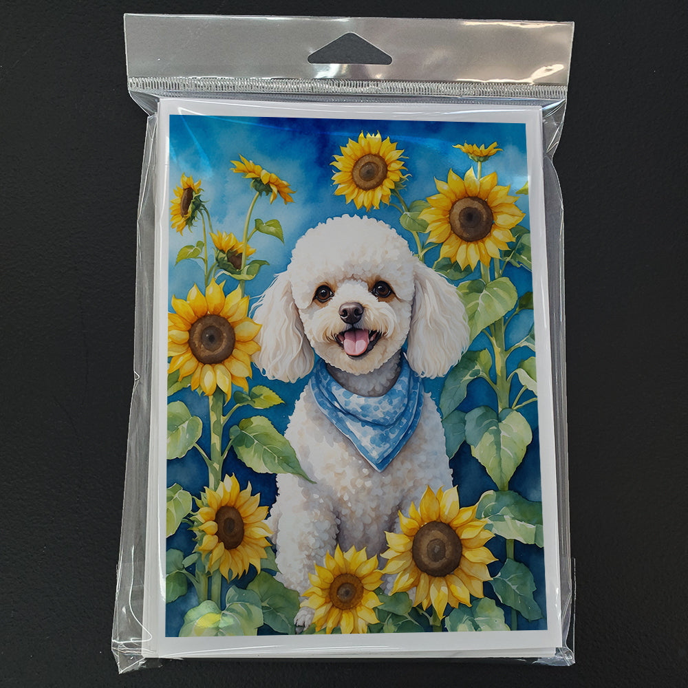 White Poodle in Sunflowers Greeting Cards Pack of 8 Blank Cards with Envelopes Whimsical A7 Size 5x7