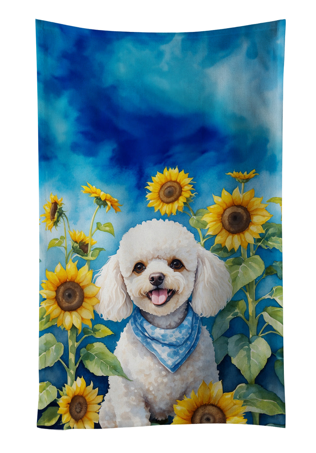 White Poodle in Sunflowers Kitchen Towel Velour Plush Front and Cotton Loop Back Machine Washable