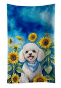 White Poodle in Sunflowers Kitchen Towel Velour Plush Front and Cotton Loop Back Machine Washable