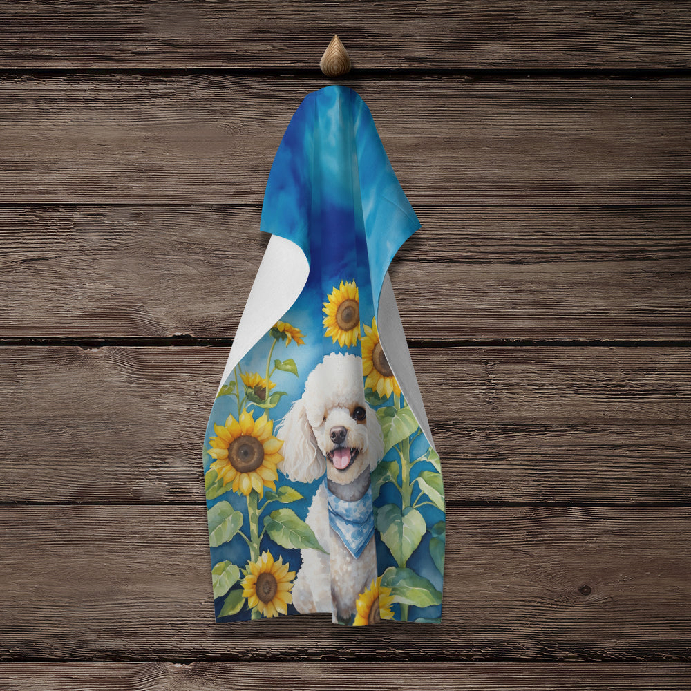White Poodle in Sunflowers Kitchen Towel Velour Plush Front and Cotton Loop Back Machine Washable