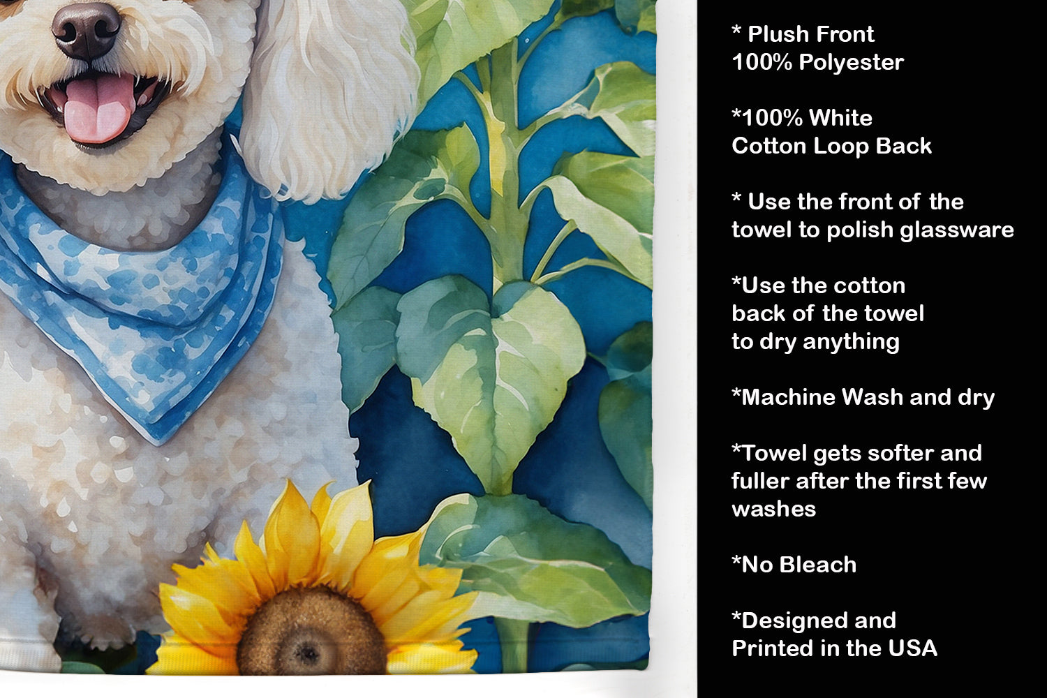 White Poodle in Sunflowers Kitchen Towel Velour Plush Front and Cotton Loop Back Machine Washable