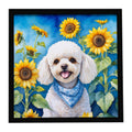 White Poodle in Sunflowers Framed Metal Print Bathroom, Kitchen, Office, Home Decor Wall Art Ready to Hang, Square, 8X8