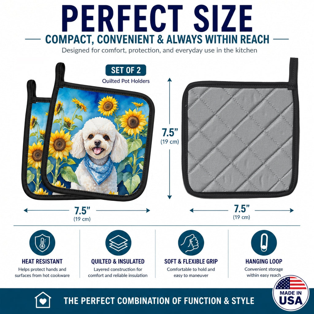 White Poodle in Sunflowers Pot Holder Set of 2 Heat Resistant Quilted Hot Pads 7.5 x 7.5 Inch, Insulated Kitchen Trivets for Cooking & Baking