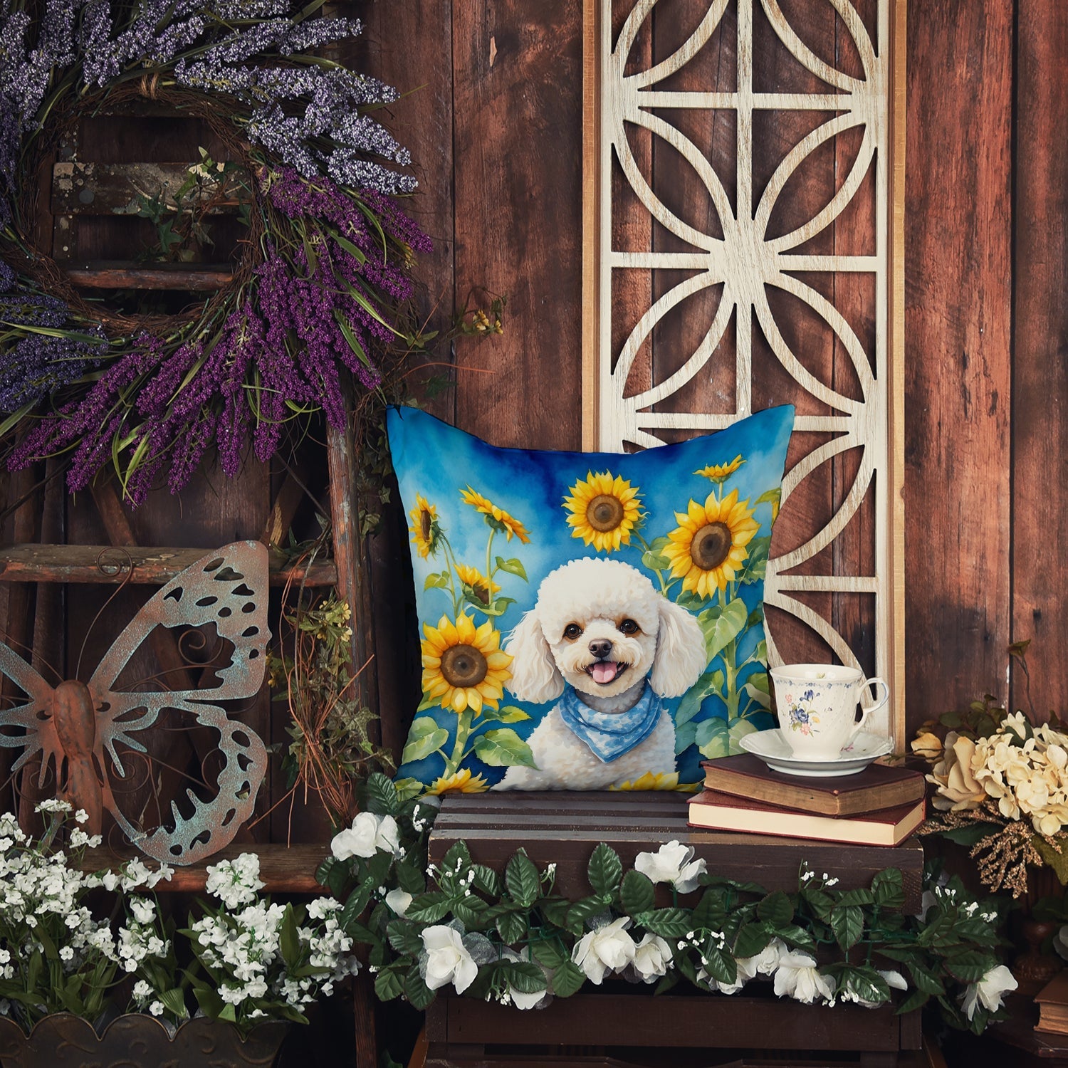 White Poodle in Sunflowers Decorative Throw Pillow 18x18 Indoor Outdoor Accent Cushion, Fabric Cover with Insert for Sofa, Bed, Porch & Living Room