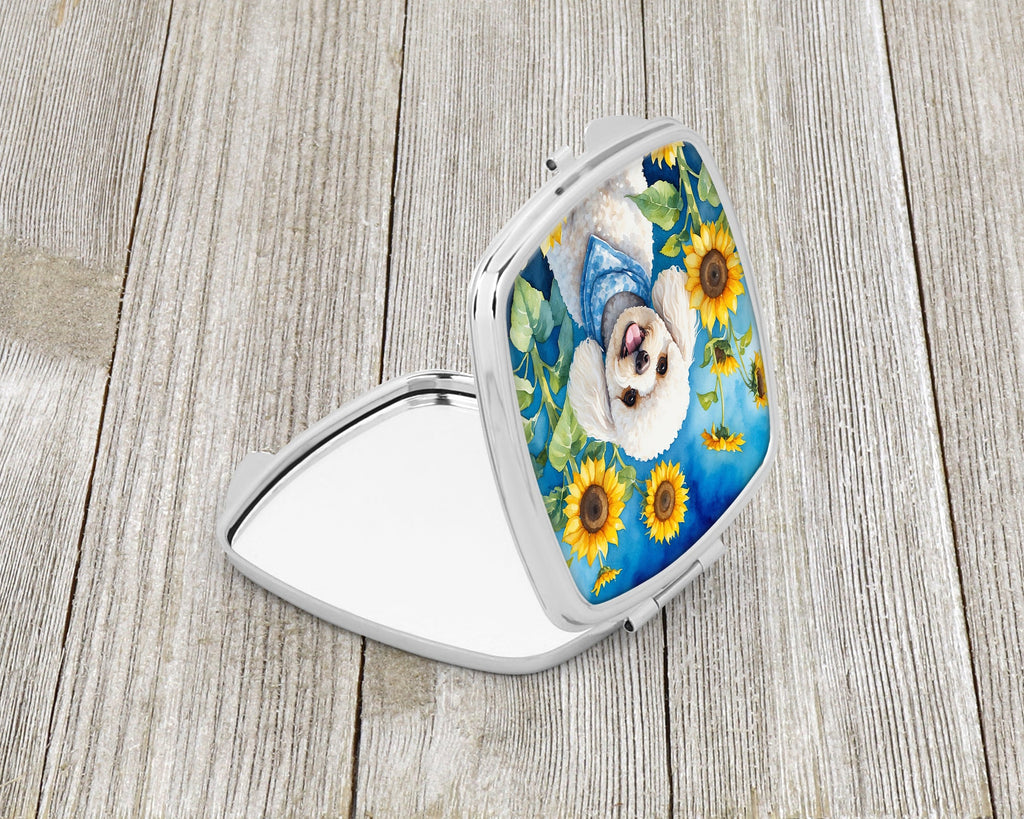 White Poodle in Sunflowers Compact Mirror Decorative Travel Makeup Mirror for Women Girls Gifts Pocket Makeup Mirror Folding Handheld