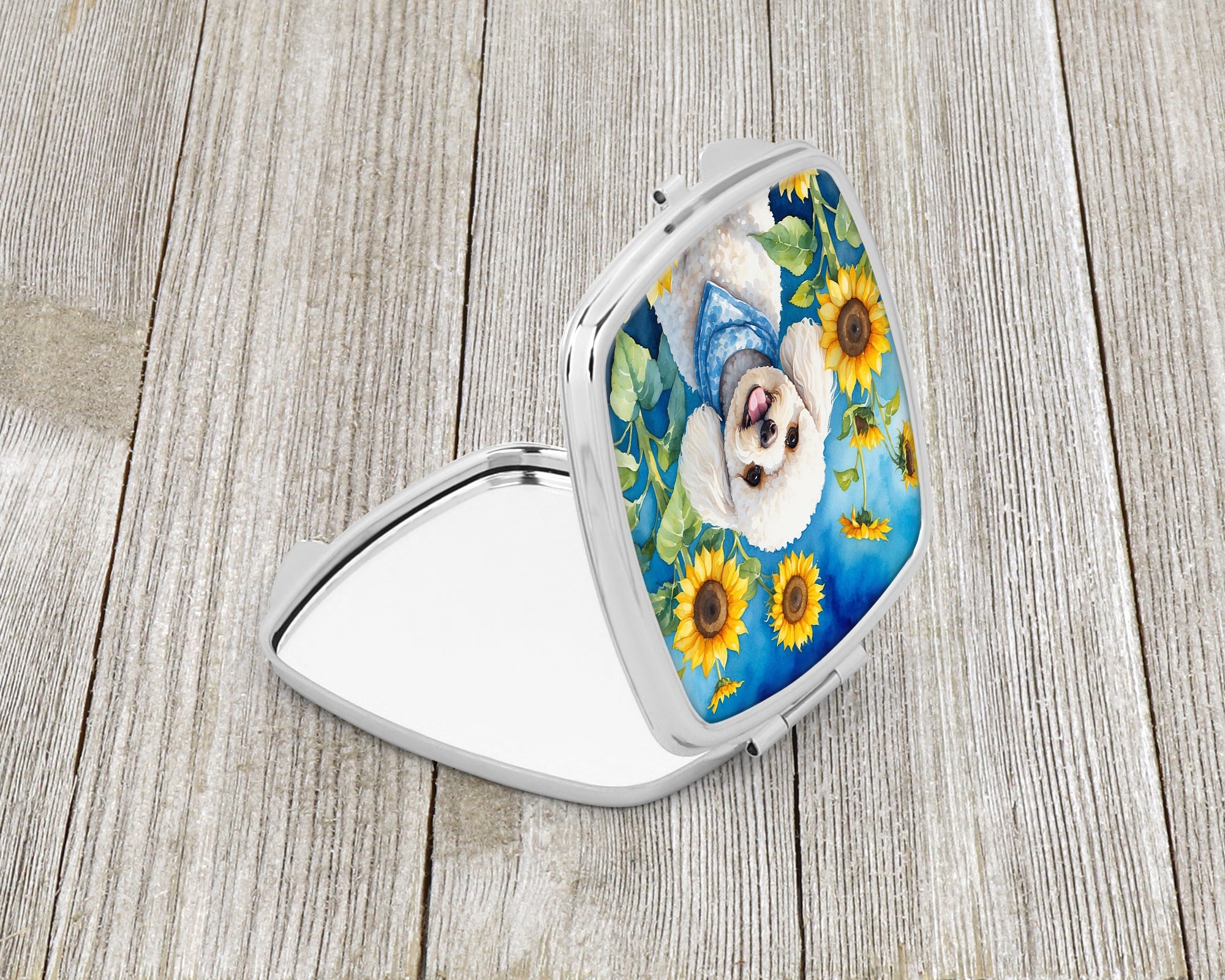 White Poodle in Sunflowers Compact Mirror Decorative Travel Makeup Mirror for Women Girls Gifts Pocket Makeup Mirror Folding Handheld