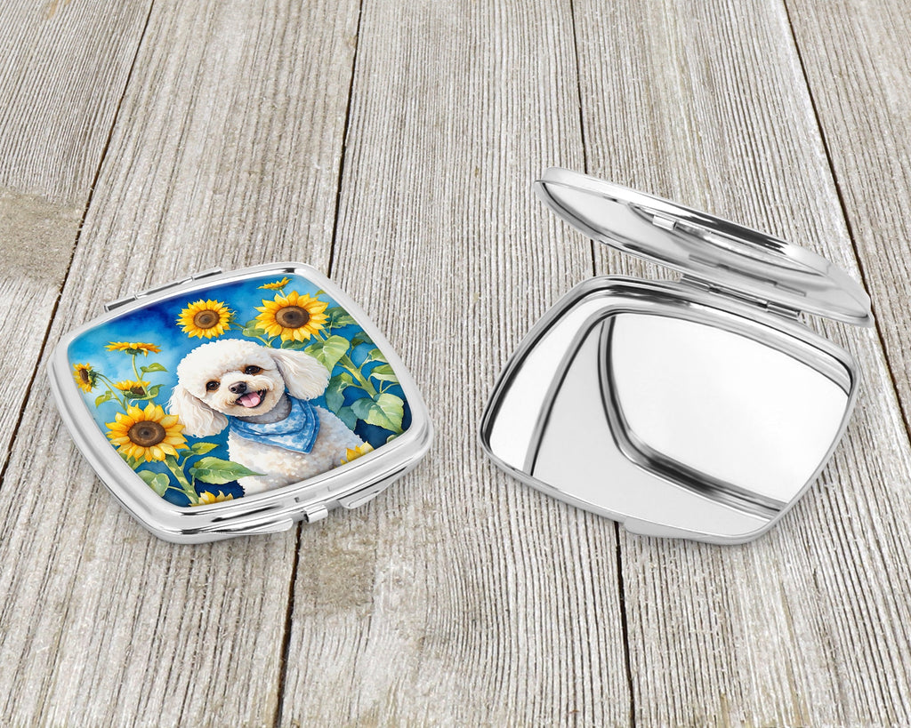 White Poodle in Sunflowers Compact Mirror Decorative Travel Makeup Mirror for Women Girls Gifts Pocket Makeup Mirror Folding Handheld
