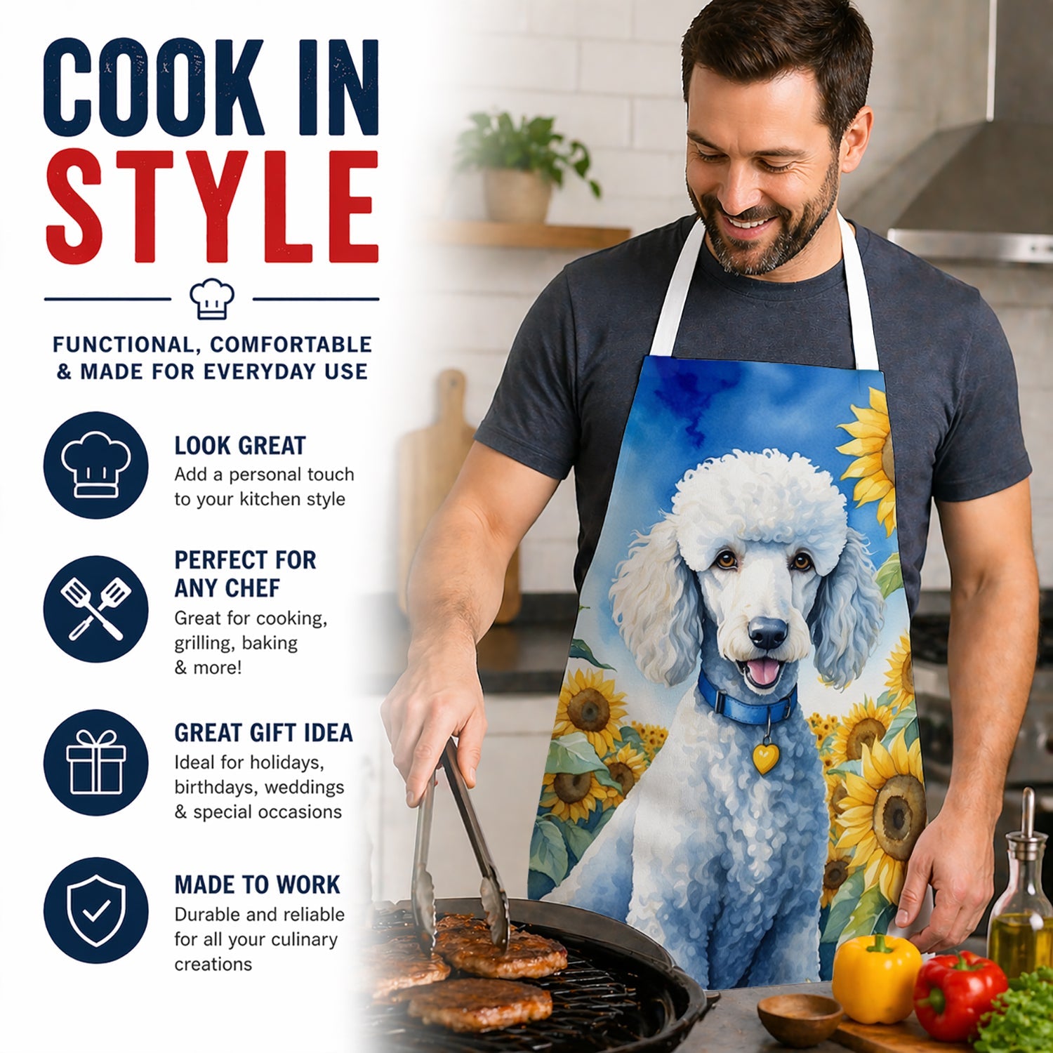 White Poodle in Sunflowers Apron Cooking Kitchen Server Baking Crafts Gardening for Adult Women Men, Unisex, Large, Multicolor