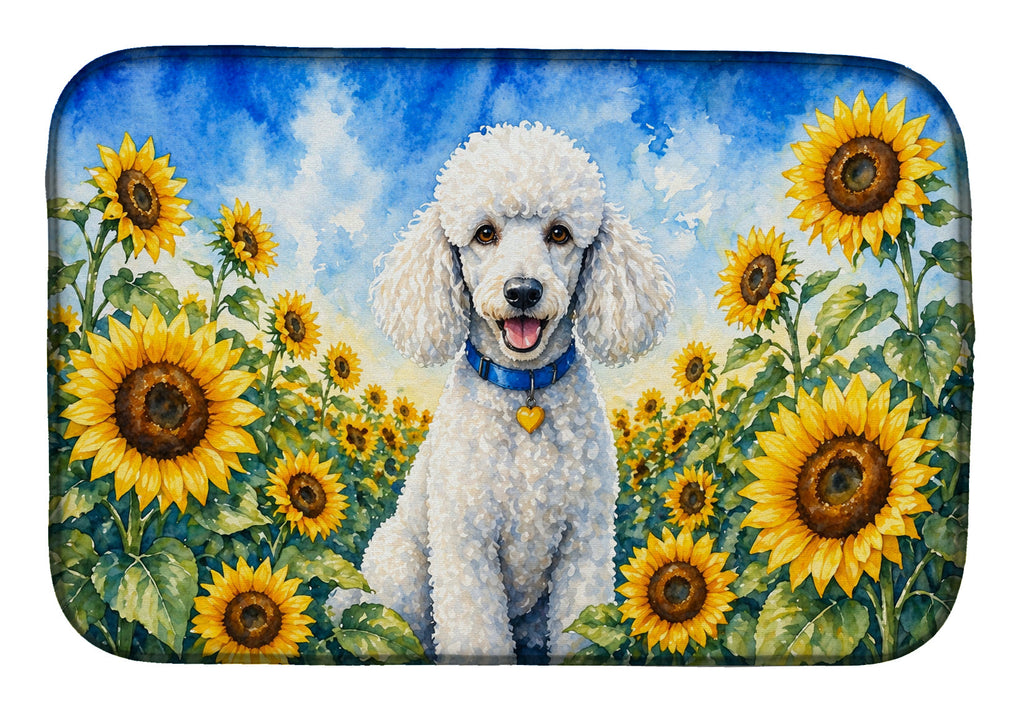 White Poodle in Sunflowers Dish Drying Mat Absorbent Dish Drying Mat Pad for Kitchen Counter Dish Drainer Mat for Countertop, 14 x 21", Multicolor