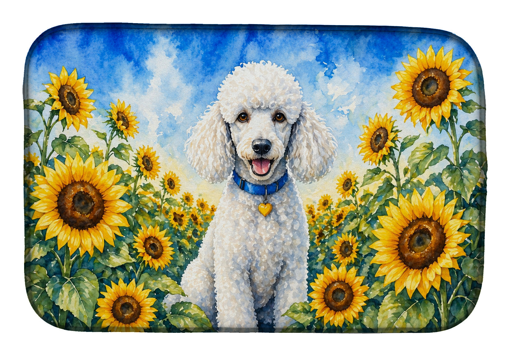 White Poodle in Sunflowers Dish Drying Mat Absorbent Dish Drying Mat Pad for Kitchen Counter Dish Drainer Mat for Countertop, 14 x 21", Multicolor