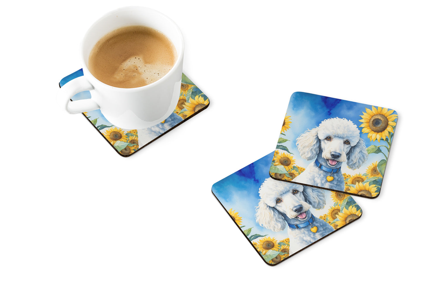 White Poodle in Sunflowers Foam Coasters Set of 4 Cup Coasters for Indoor Outdoor, Tabletop Protection, Anti Slip, Mouse pad Material