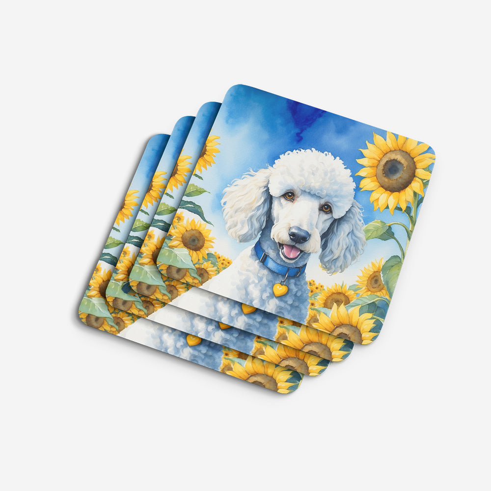 White Poodle in Sunflowers Foam Coasters Set of 4 Cup Coasters for Indoor Outdoor, Tabletop Protection, Anti Slip, Mouse pad Material