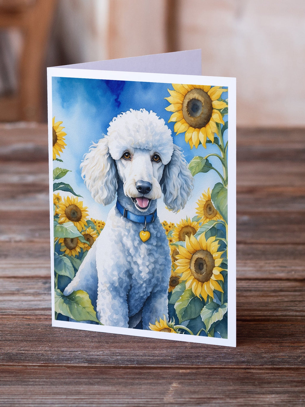 White Poodle in Sunflowers Greeting Cards Pack of 8 Blank Cards with Envelopes Whimsical A7 Size 5x7