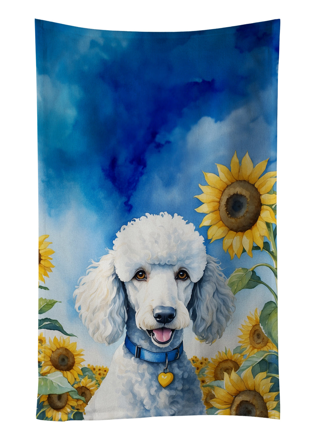 White Poodle in Sunflowers Kitchen Towel Velour Plush Front and Cotton Loop Back Machine Washable