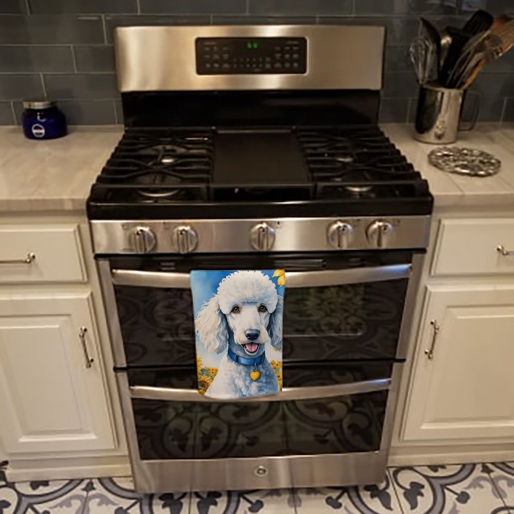 White Poodle in Sunflowers Kitchen Towel Velour Plush Front and Cotton Loop Back Machine Washable