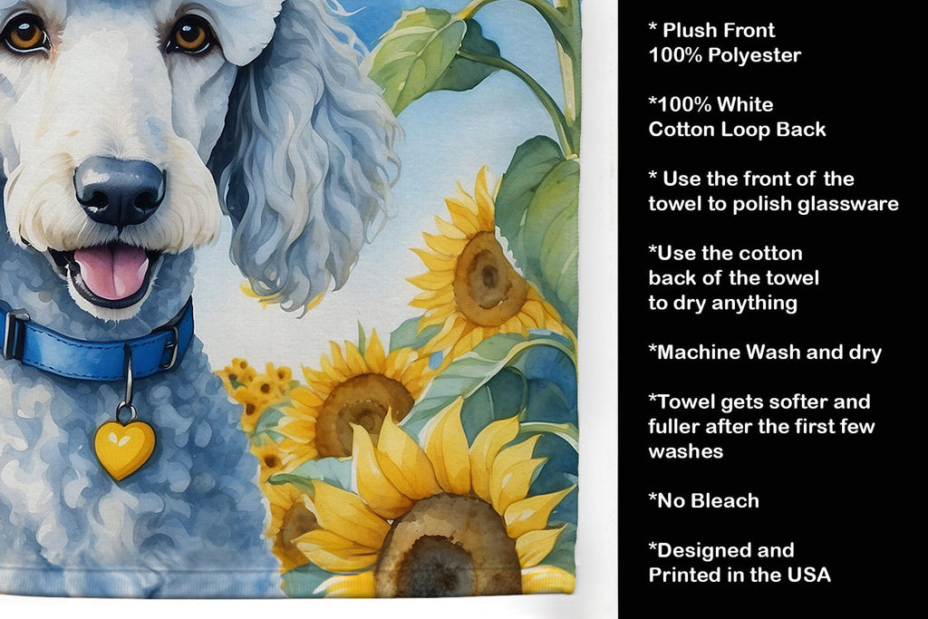 White Poodle in Sunflowers Kitchen Towel Velour Plush Front and Cotton Loop Back Machine Washable