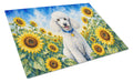 White Poodle in Sunflowers Cutting Board Tempered Glass Kitchen Cutting Surface, Heat Resistant Chopping Board with Non-Slip Feet, Decorative Food Prep & Serving