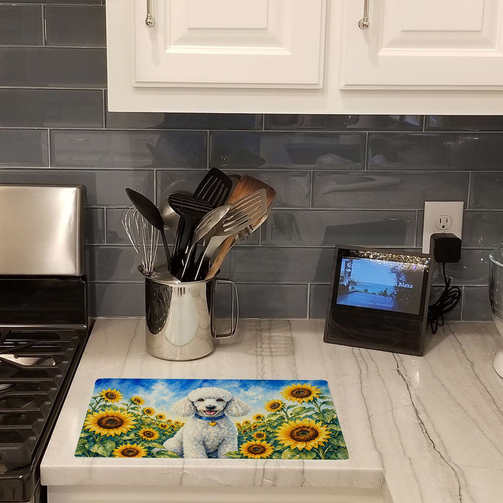 White Poodle in Sunflowers Cutting Board Tempered Glass Kitchen Cutting Surface, Heat Resistant Chopping Board with Non-Slip Feet, Decorative Food Prep & Serving