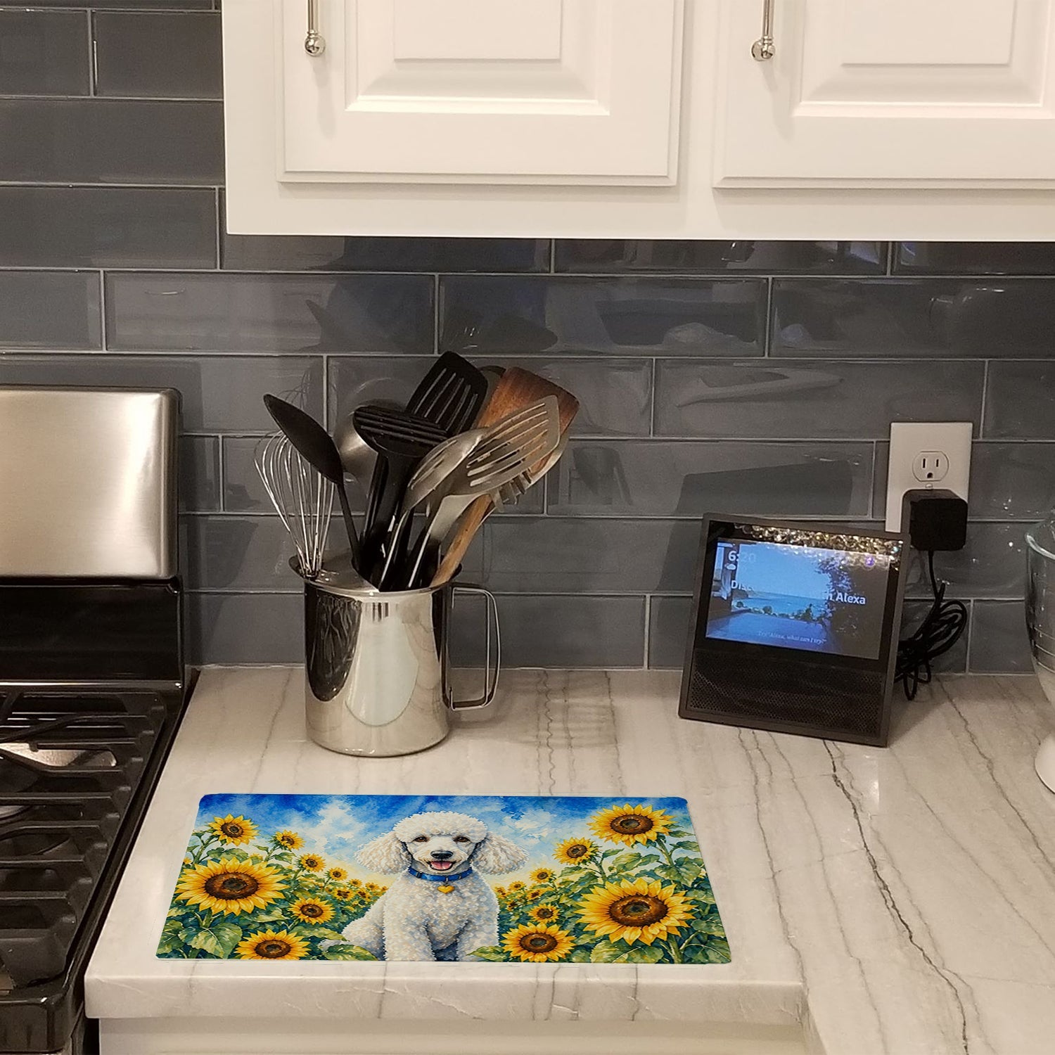 White Poodle in Sunflowers Cutting Board Tempered Glass Kitchen Cutting Surface, Heat Resistant Chopping Board with Non-Slip Feet, Decorative Food Prep & Serving