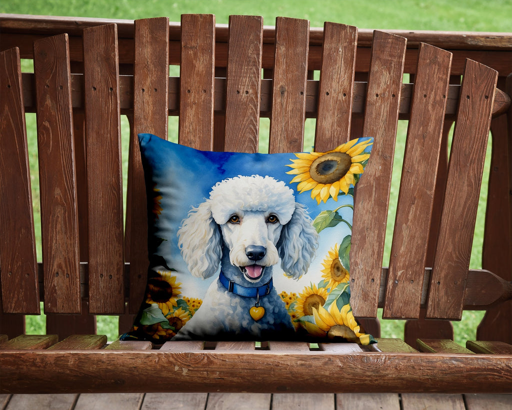 White Poodle in Sunflowers Decorative Throw Pillow 14x14 Indoor Outdoor Accent Cushion, Fabric Cover with Insert for Sofa, Bed, Porch & Living Room