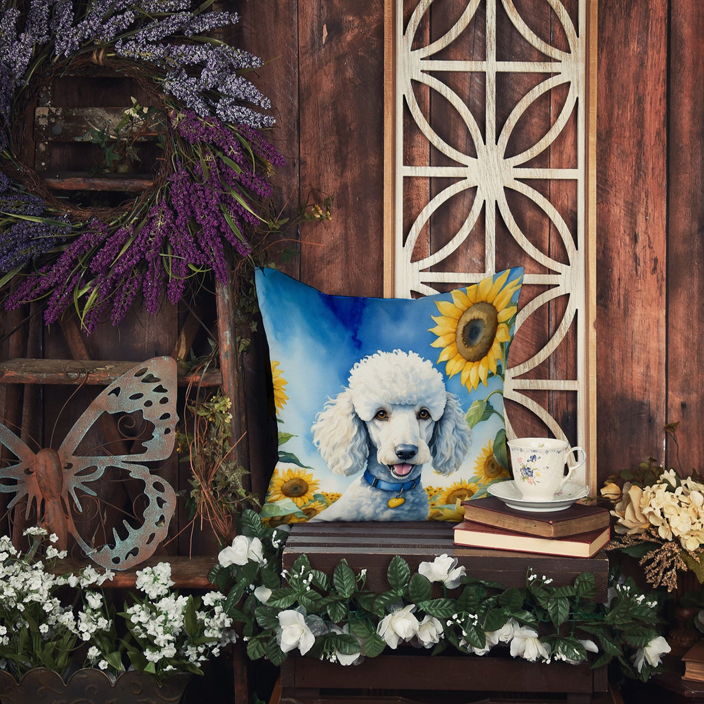 White Poodle in Sunflowers Decorative Throw Pillow 14x14 Indoor Outdoor Accent Cushion, Fabric Cover with Insert for Sofa, Bed, Porch & Living Room