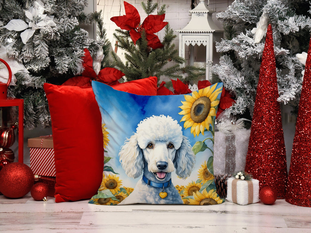 White Poodle in Sunflowers Decorative Throw Pillow 14x14 Indoor Outdoor Accent Cushion, Fabric Cover with Insert for Sofa, Bed, Porch & Living Room