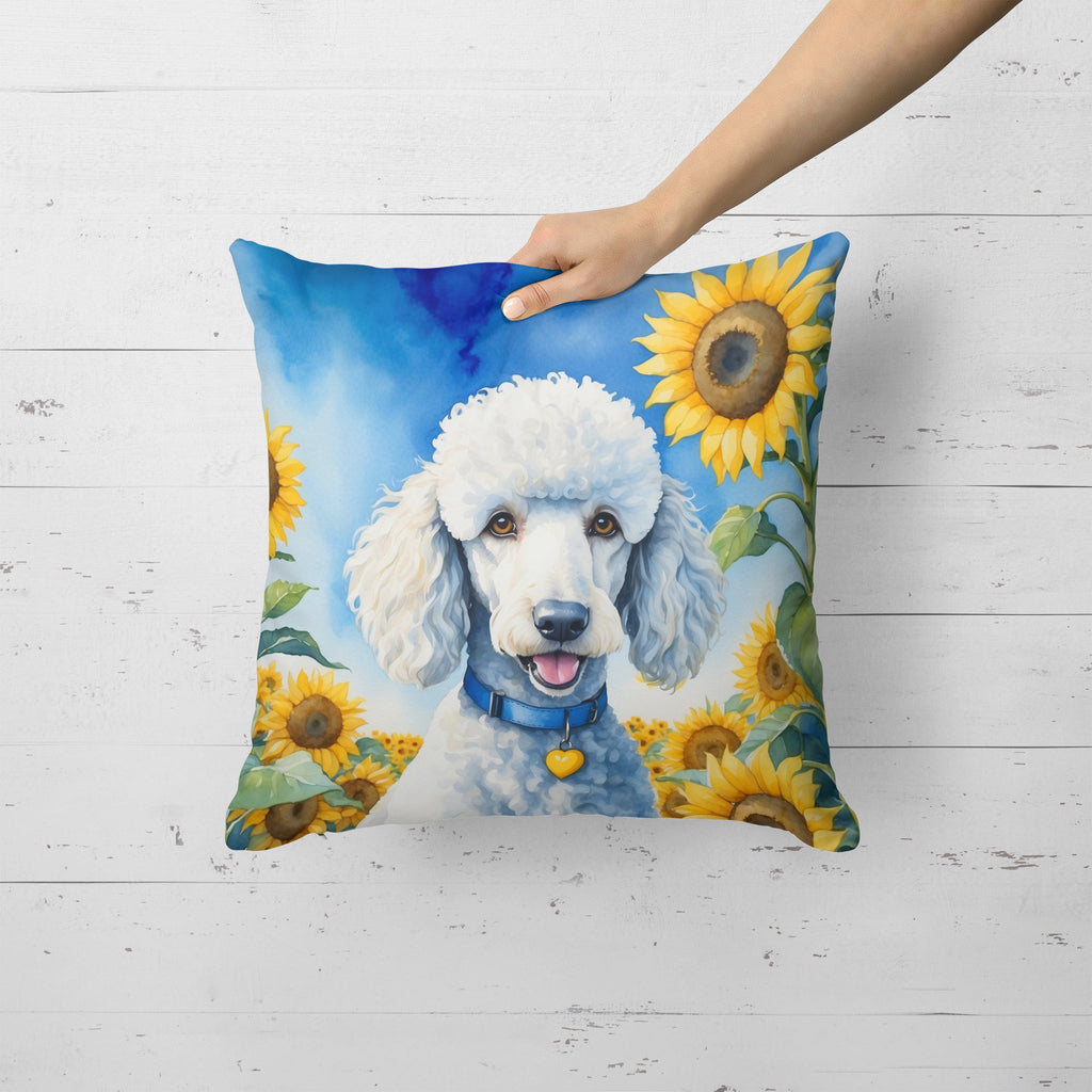 White Poodle in Sunflowers Decorative Throw Pillow 18x18 Indoor Outdoor Accent Cushion, Fabric Cover with Insert for Sofa, Bed, Porch & Living Room