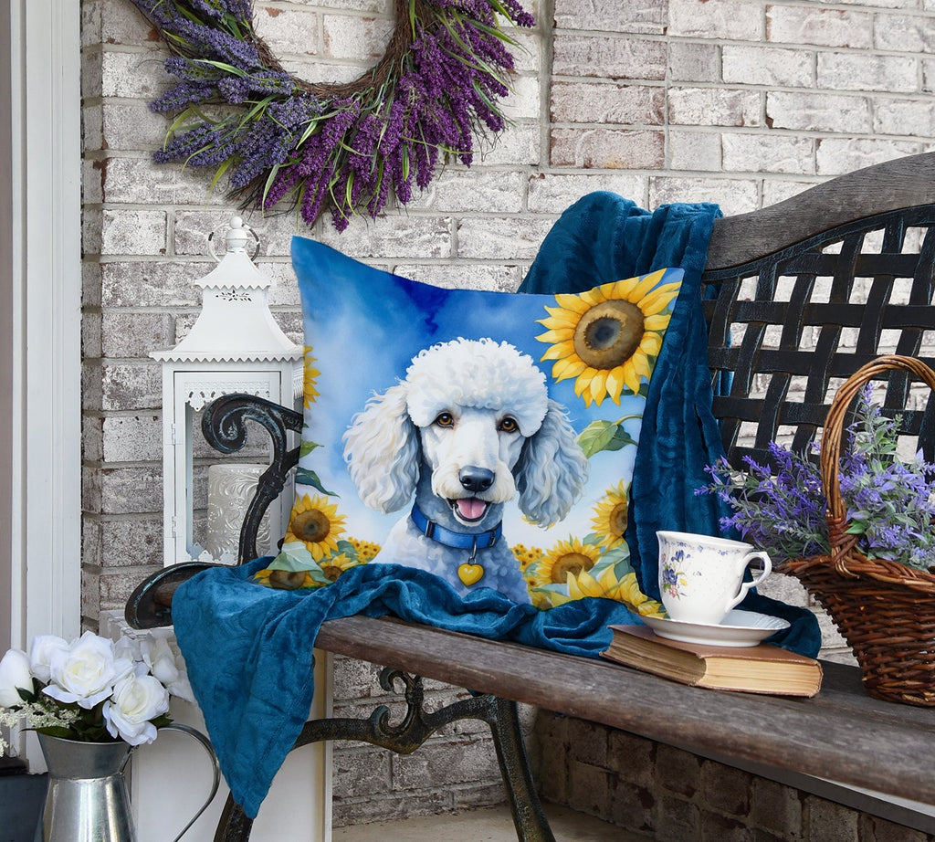 White Poodle in Sunflowers Decorative Throw Pillow 18x18 Indoor Outdoor Accent Cushion, Fabric Cover with Insert for Sofa, Bed, Porch & Living Room