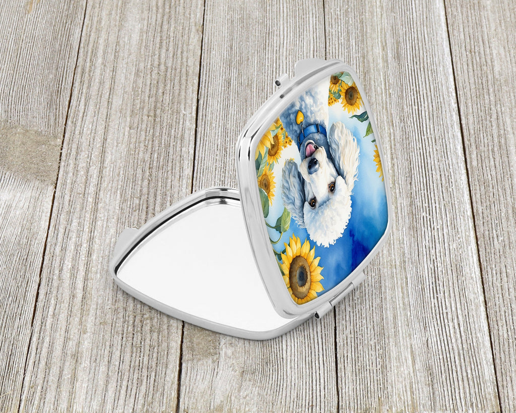 White Poodle in Sunflowers Compact Mirror Decorative Travel Makeup Mirror for Women Girls Gifts Pocket Makeup Mirror Folding Handheld