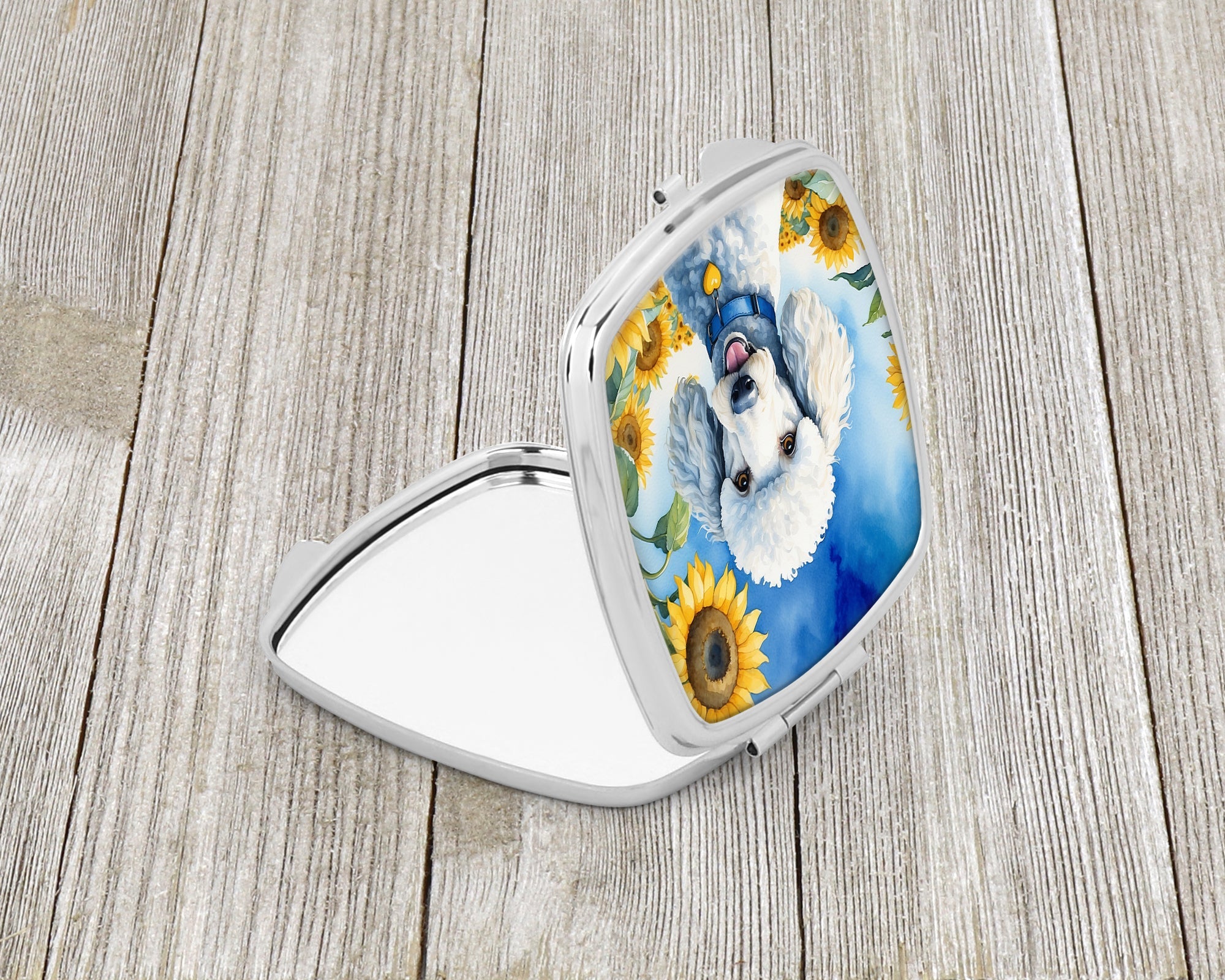 White Poodle in Sunflowers Compact Mirror Decorative Travel Makeup Mirror for Women Girls Gifts Pocket Makeup Mirror Folding Handheld