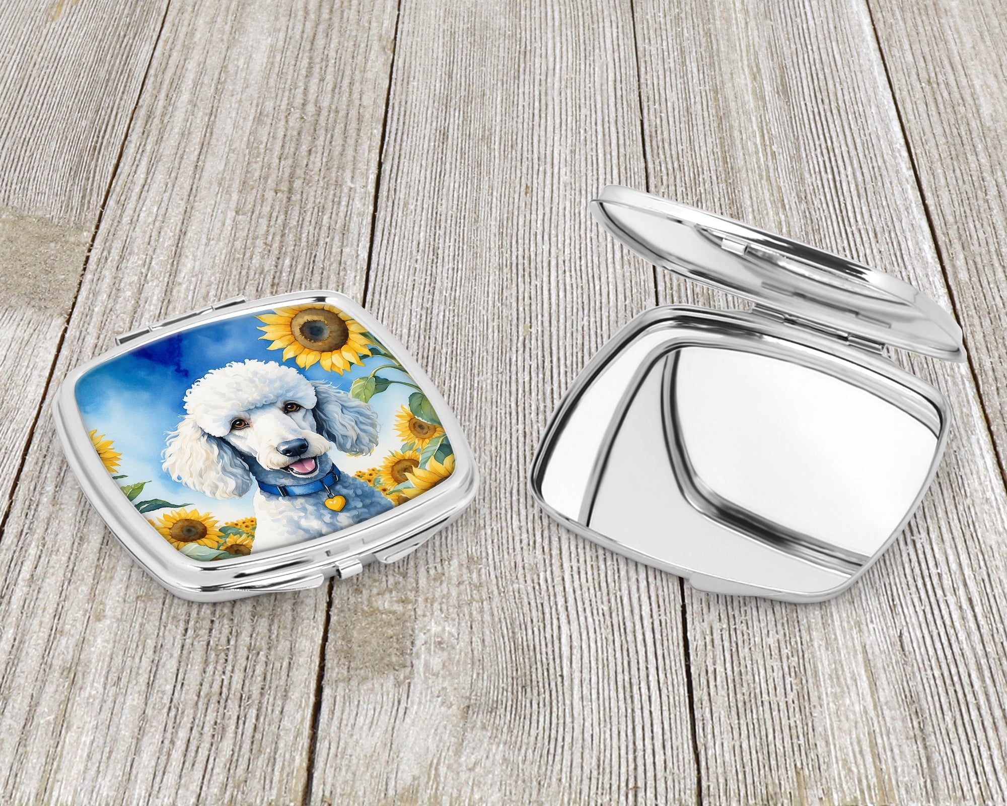 White Poodle in Sunflowers Compact Mirror Decorative Travel Makeup Mirror for Women Girls Gifts Pocket Makeup Mirror Folding Handheld