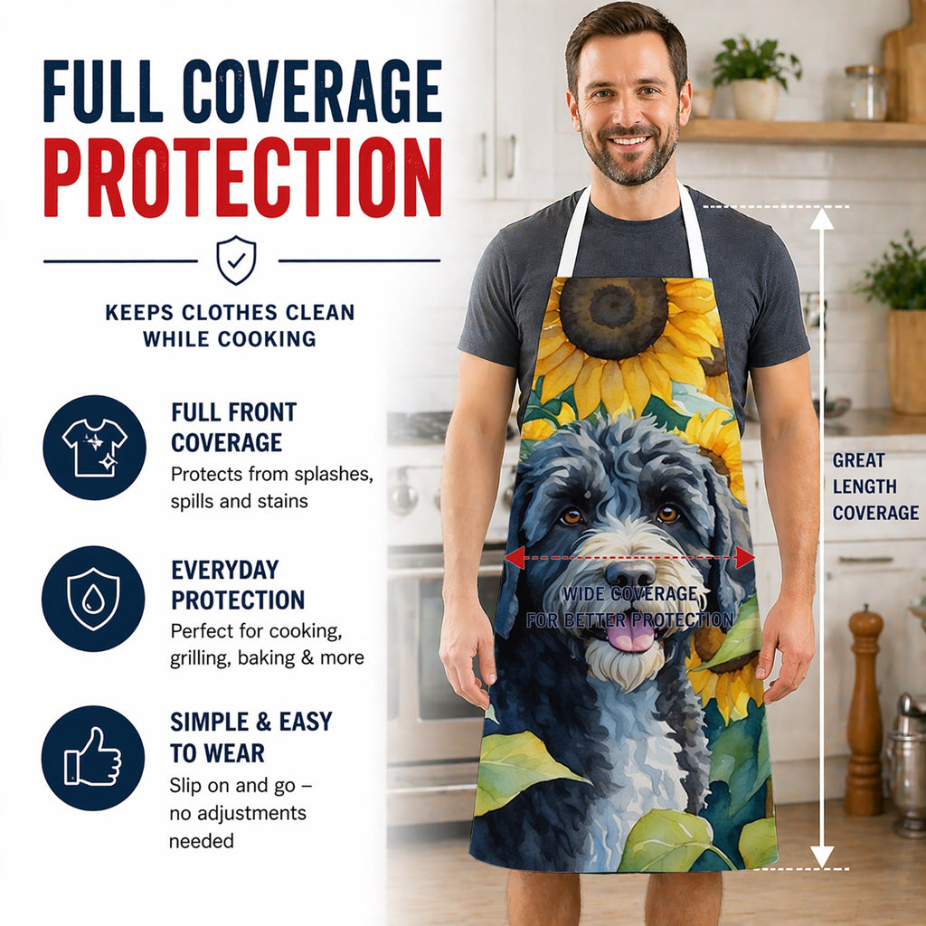 Portuguese Water Dog in Sunflowers Apron Cooking Kitchen Server Baking Crafts Gardening for Adult Women Men, Unisex, Large, Multicolor