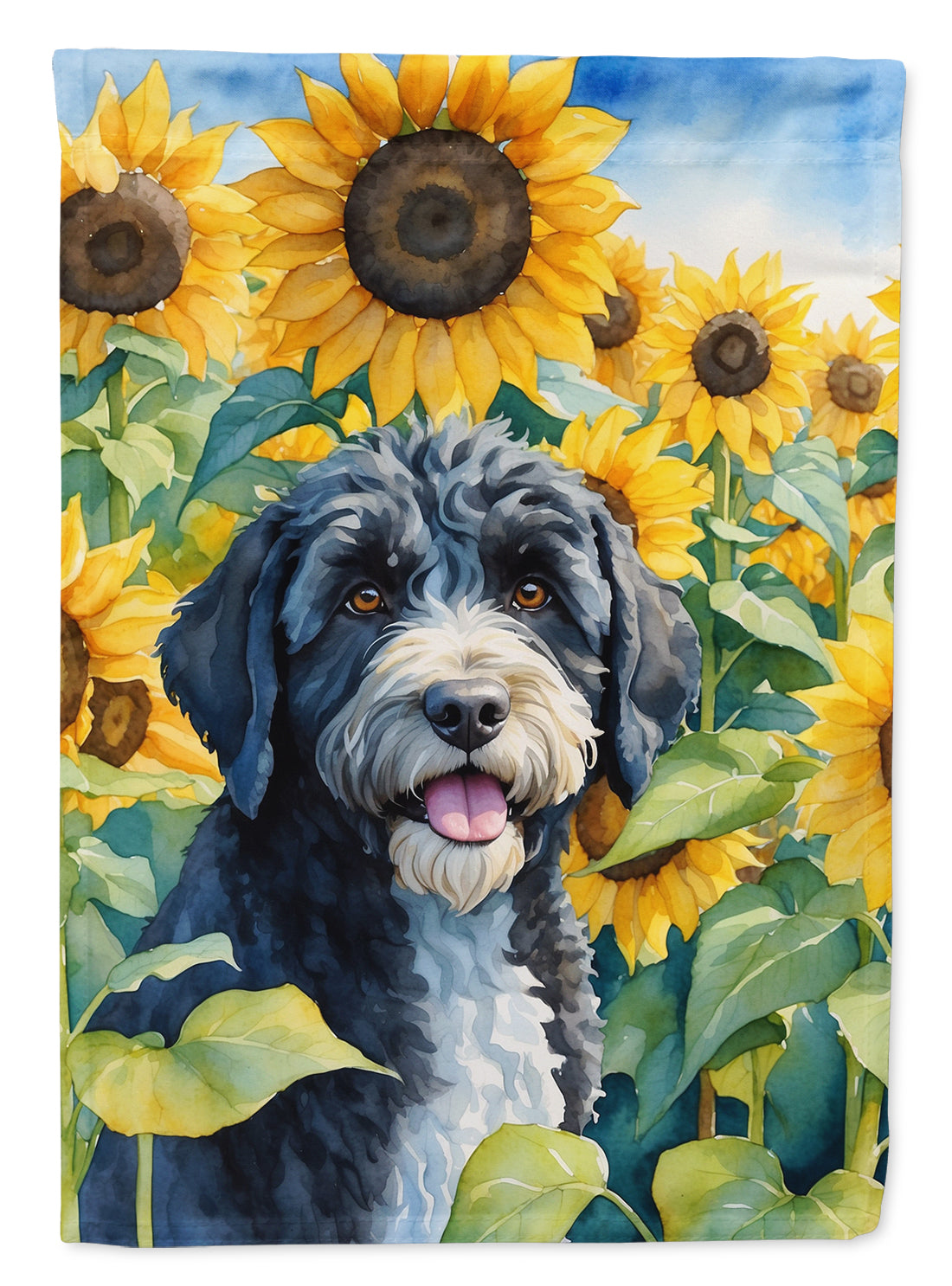 Portuguese Water Dog in Sunflowers House Flag 28x40 Porch Sleeve Pole Decorative Outside Yard Banner Artwork Wall Hanging, Polyester