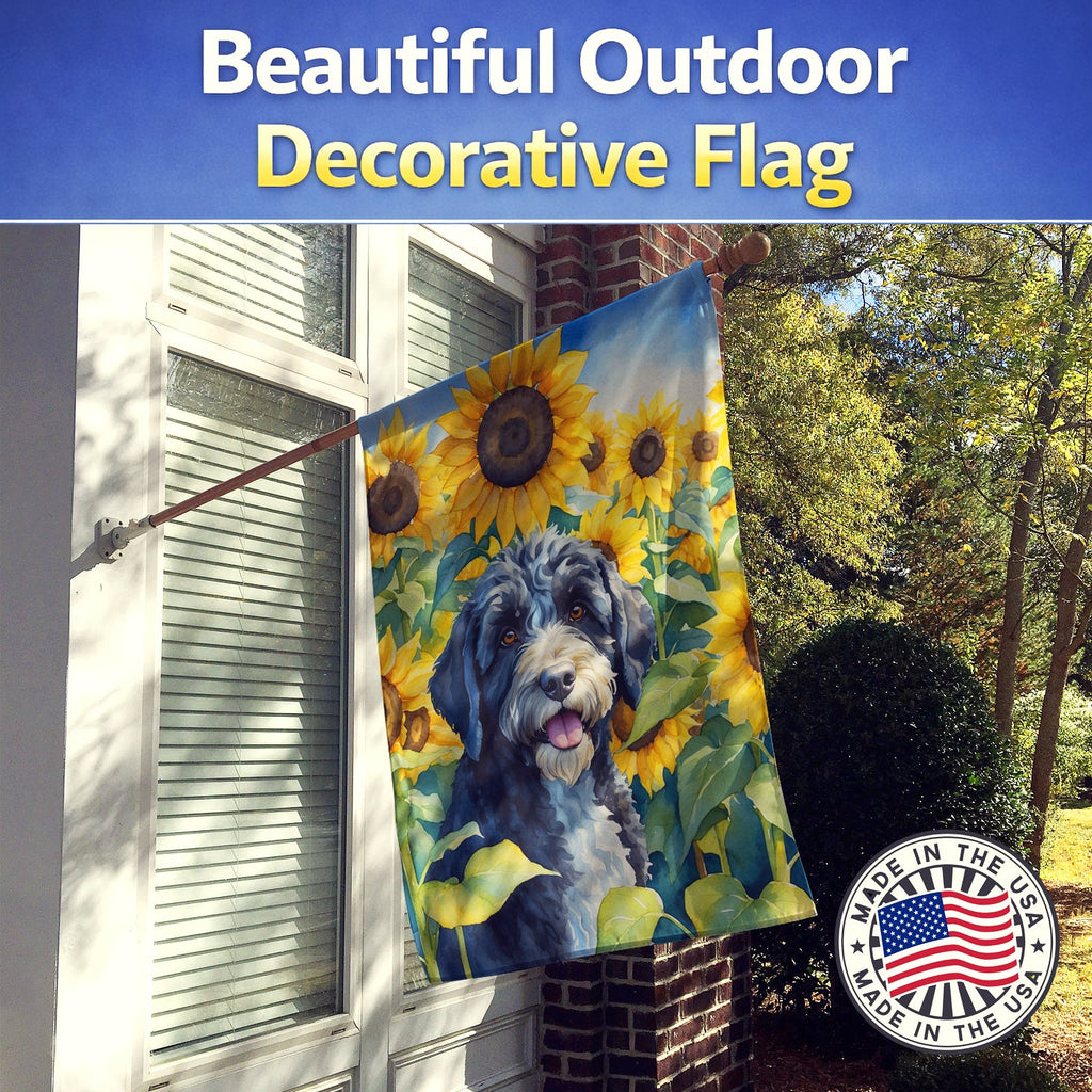 Portuguese Water Dog in Sunflowers House Flag 28x40 Porch Sleeve Pole Decorative Outside Yard Banner Artwork Wall Hanging, Polyester