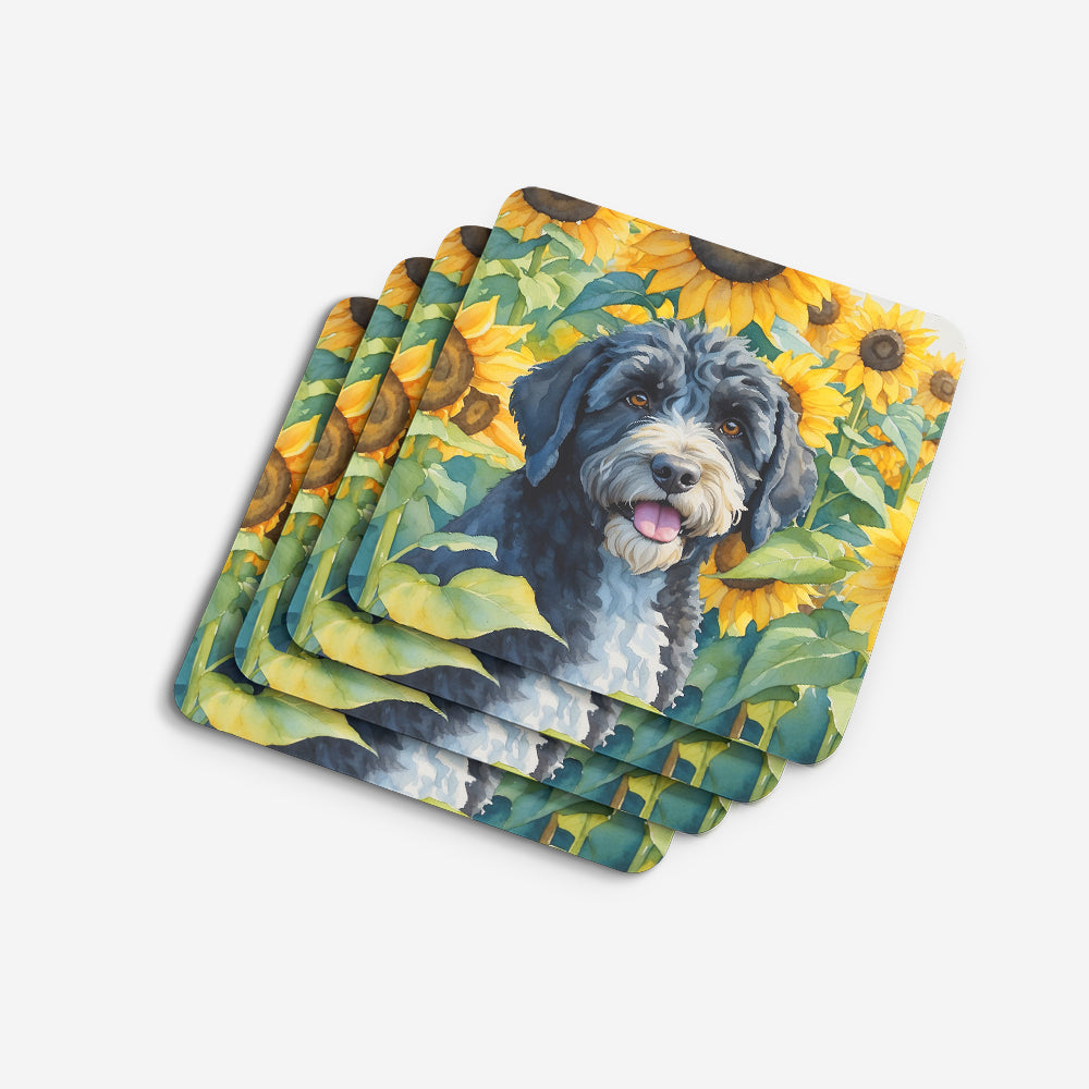 Portuguese Water Dog in Sunflowers Foam Coasters Set of 4 Cup Coasters for Indoor Outdoor, Tabletop Protection, Anti Slip, Mouse pad Material