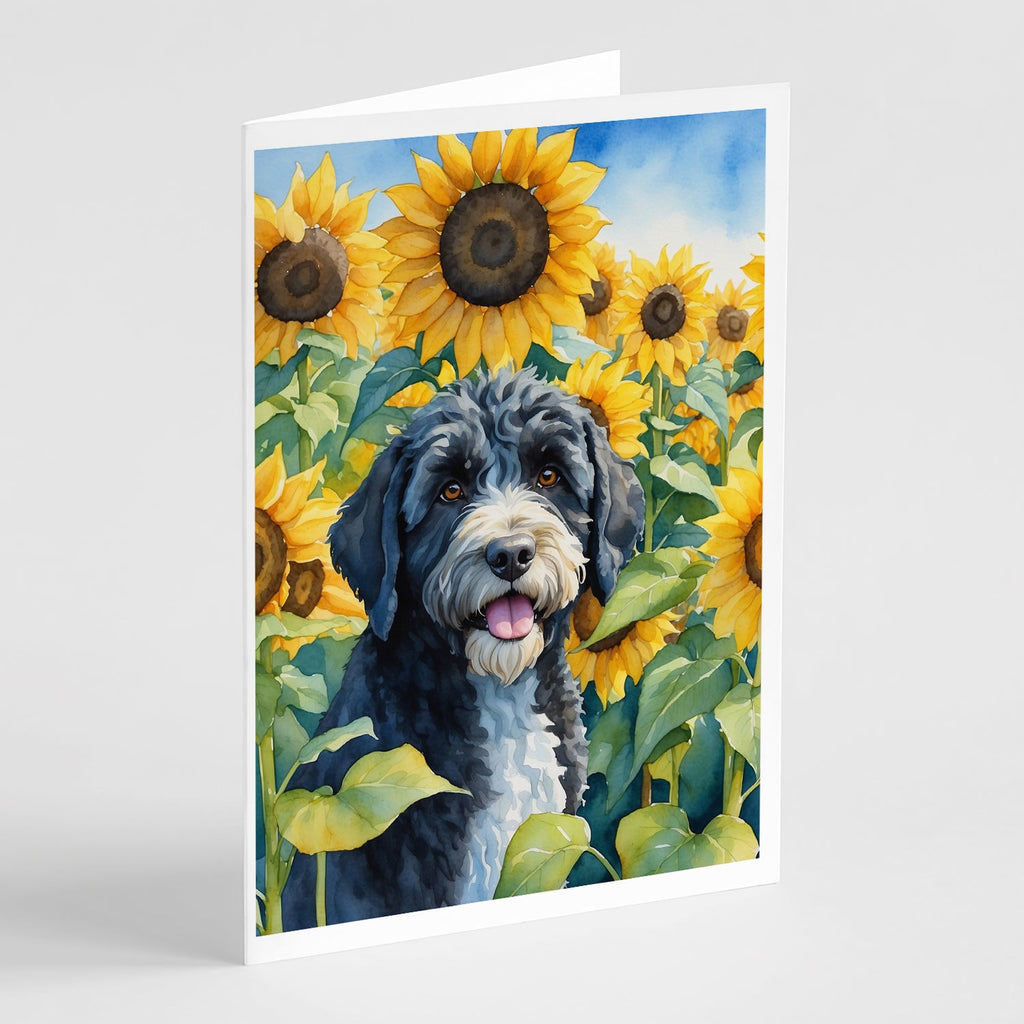 Portuguese Water Dog in Sunflowers Greeting Cards Pack of 8 Blank Cards with Envelopes Whimsical A7 Size 5x7