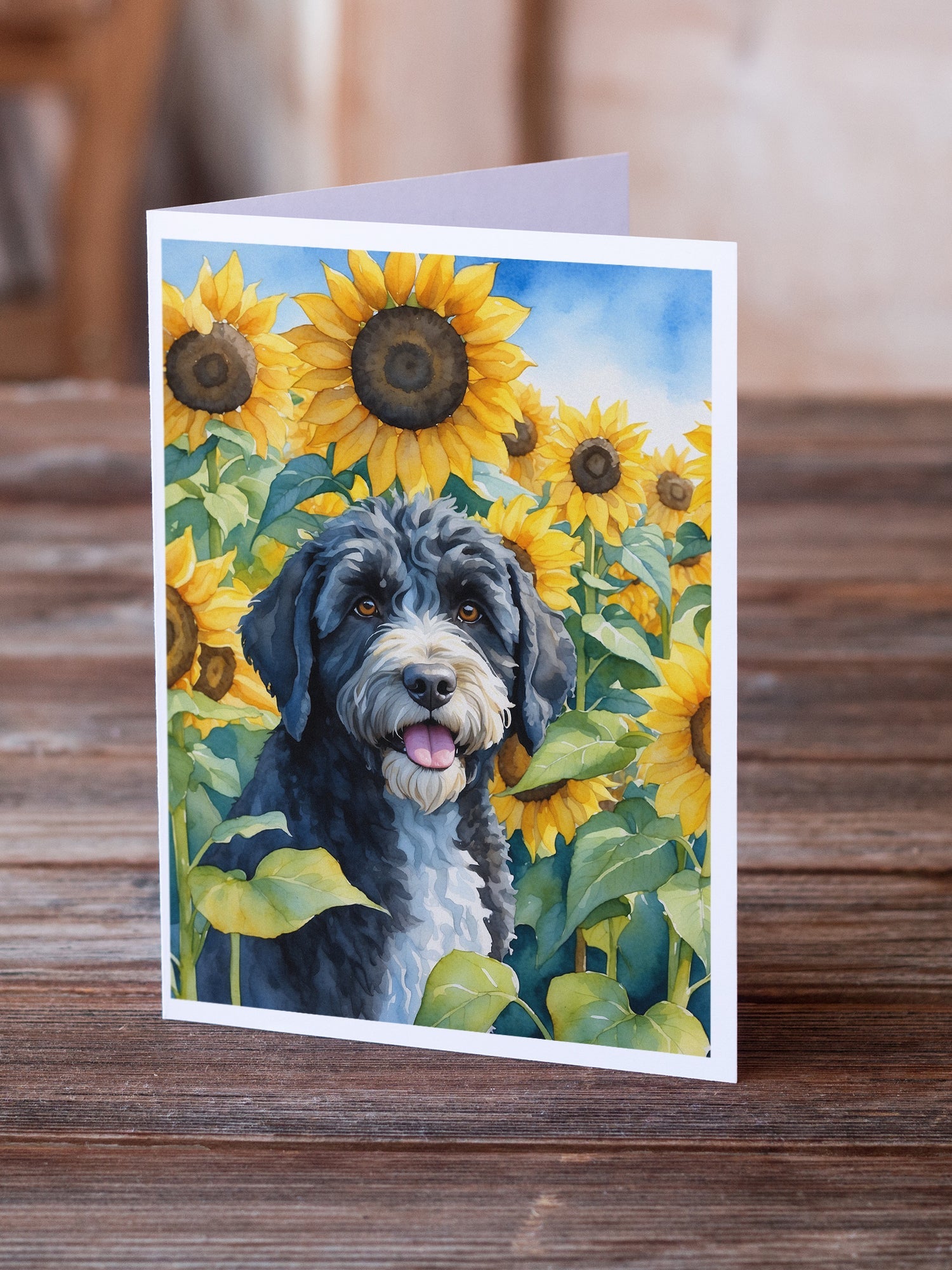 Portuguese Water Dog in Sunflowers Greeting Cards Pack of 8 Blank Cards with Envelopes Whimsical A7 Size 5x7