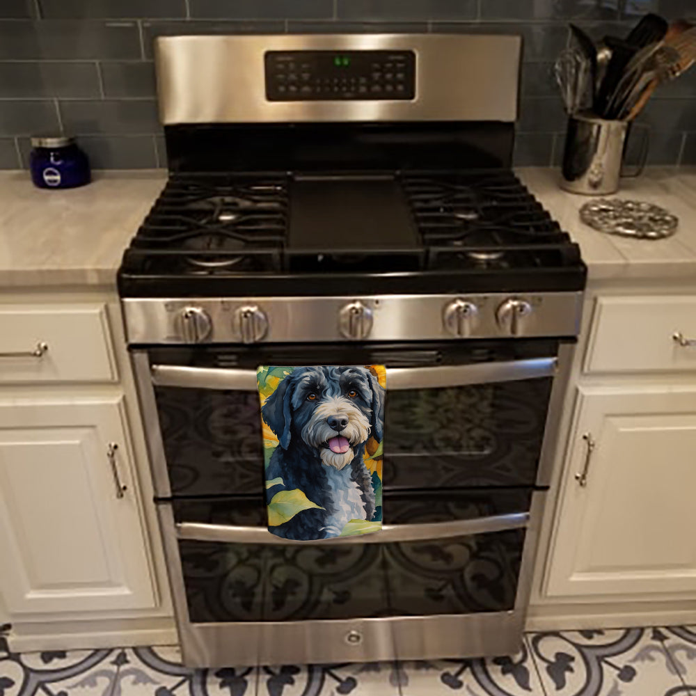 Portuguese Water Dog in Sunflowers Kitchen Towel Velour Plush Front and Cotton Loop Back Machine Washable