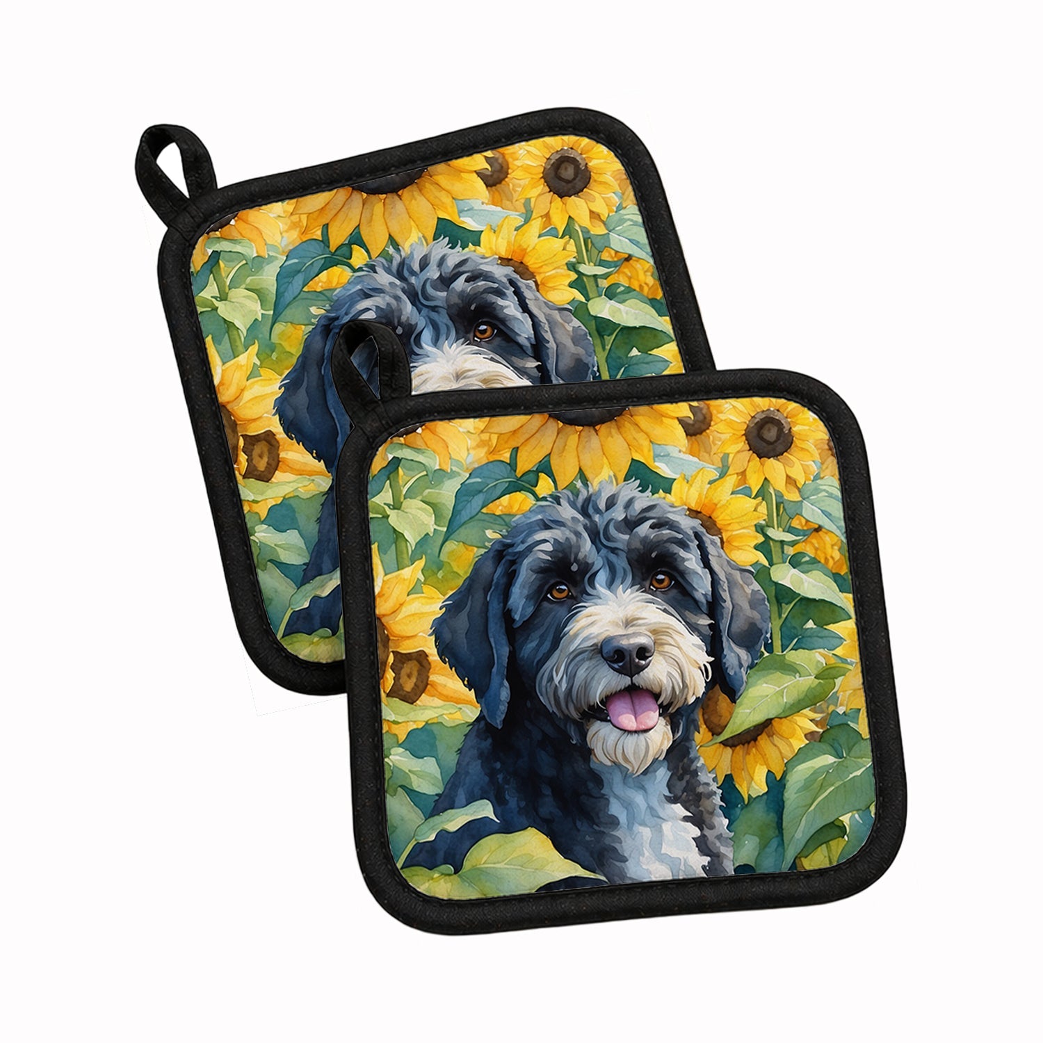 Portuguese Water Dog in Sunflowers Pot Holder Set of 2 Heat Resistant Quilted Hot Pads 7.5 x 7.5 Inch, Insulated Kitchen Trivets for Cooking & Baking