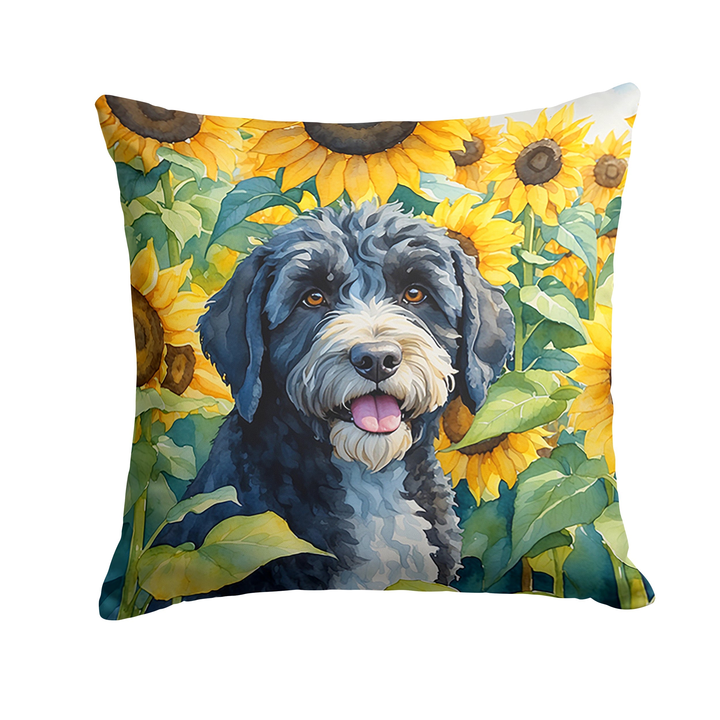 Portuguese Water Dog in Sunflowers Decorative Throw Pillow 14x14 Indoor Outdoor Accent Cushion, Fabric Cover with Insert for Sofa, Bed, Porch & Living Room