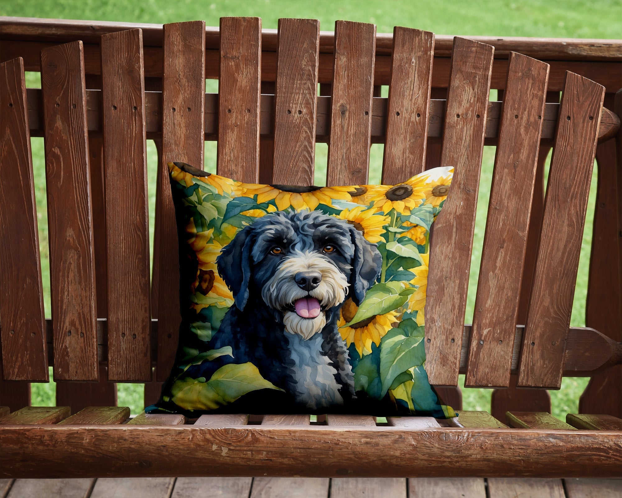 Portuguese Water Dog in Sunflowers Decorative Throw Pillow 14x14 Indoor Outdoor Accent Cushion, Fabric Cover with Insert for Sofa, Bed, Porch & Living Room