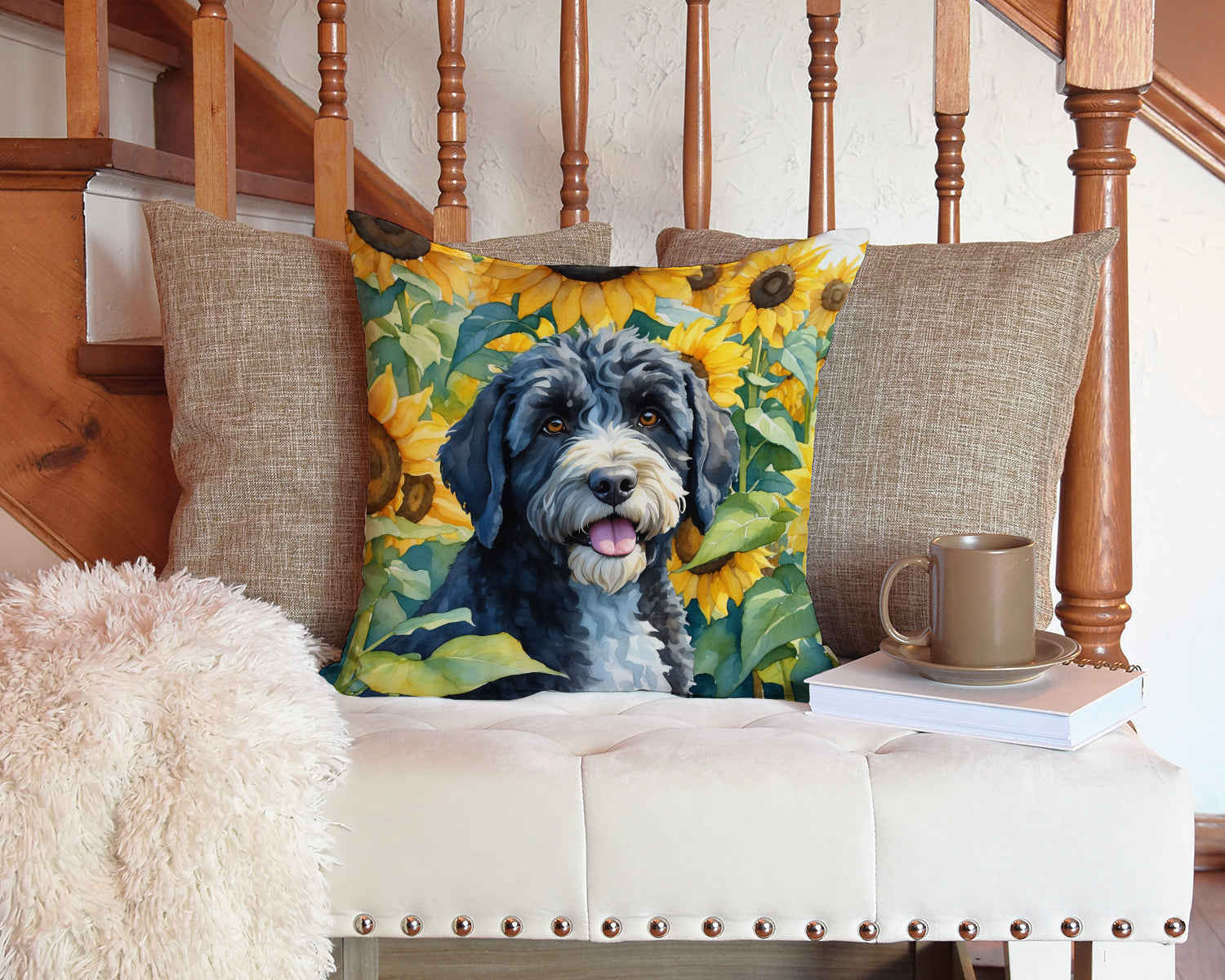 Portuguese Water Dog in Sunflowers Decorative Throw Pillow 14x14 Indoor Outdoor Accent Cushion, Fabric Cover with Insert for Sofa, Bed, Porch & Living Room