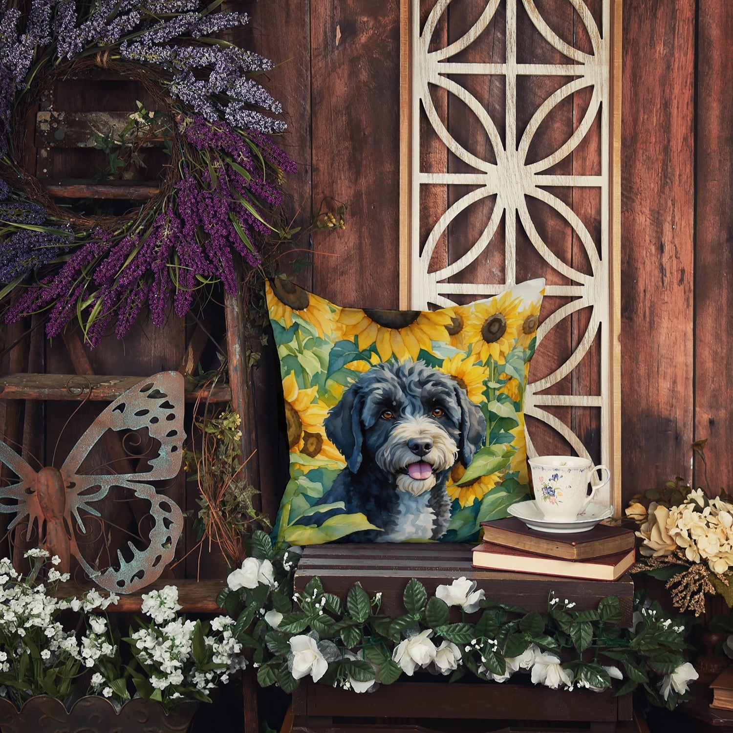 Portuguese Water Dog in Sunflowers Decorative Throw Pillow 14x14 Indoor Outdoor Accent Cushion, Fabric Cover with Insert for Sofa, Bed, Porch & Living Room