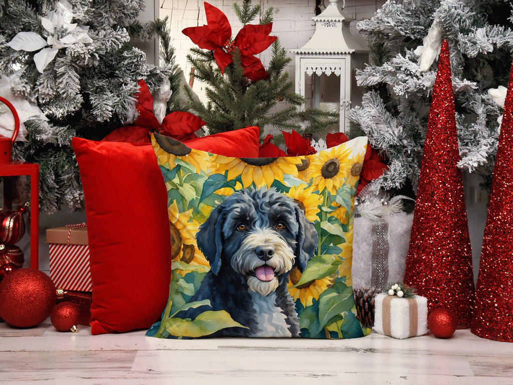 Portuguese Water Dog in Sunflowers Decorative Throw Pillow 14x14 Indoor Outdoor Accent Cushion, Fabric Cover with Insert for Sofa, Bed, Porch & Living Room