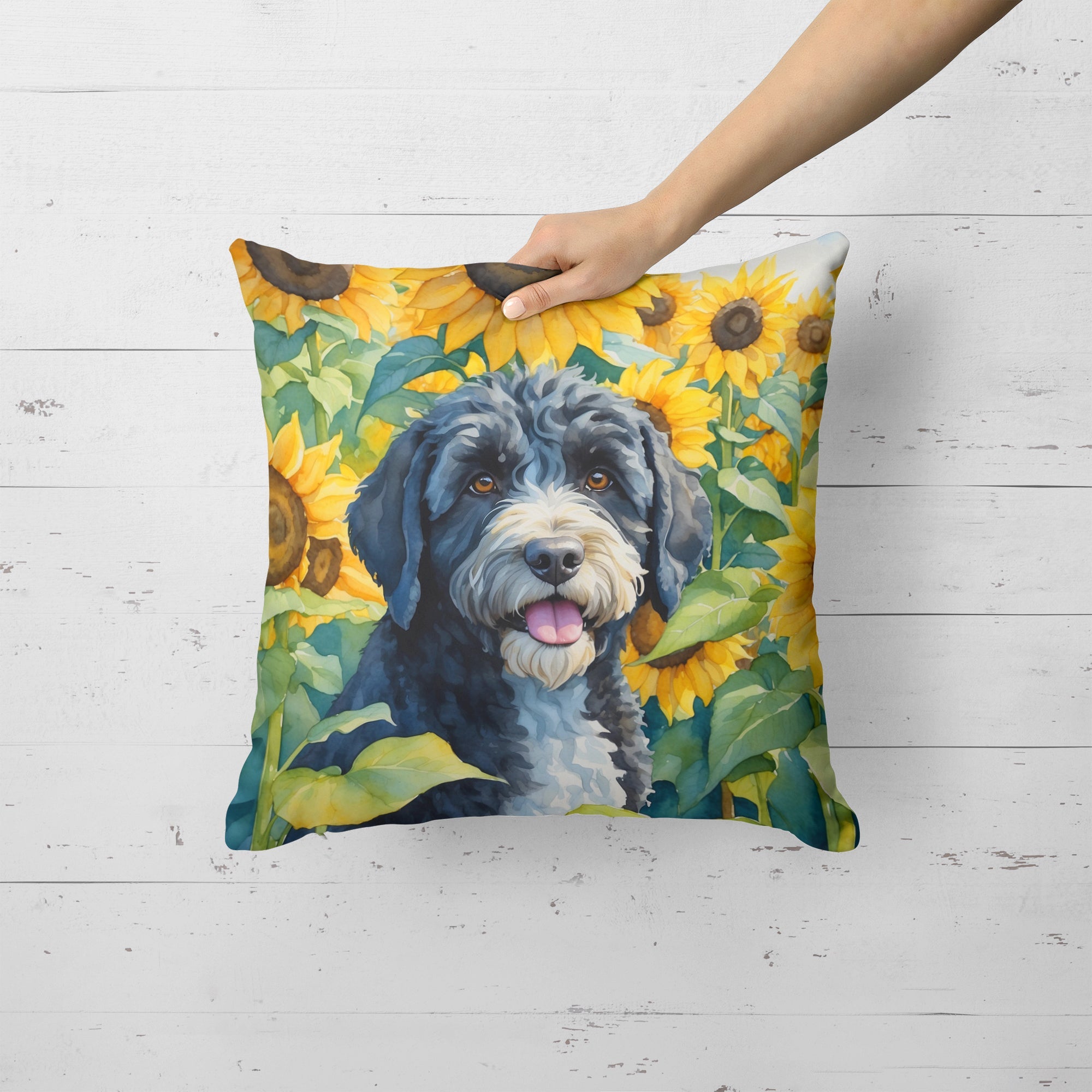 Portuguese Water Dog in Sunflowers Decorative Throw Pillow 18x18 Indoor Outdoor Accent Cushion, Fabric Cover with Insert for Sofa, Bed, Porch & Living Room