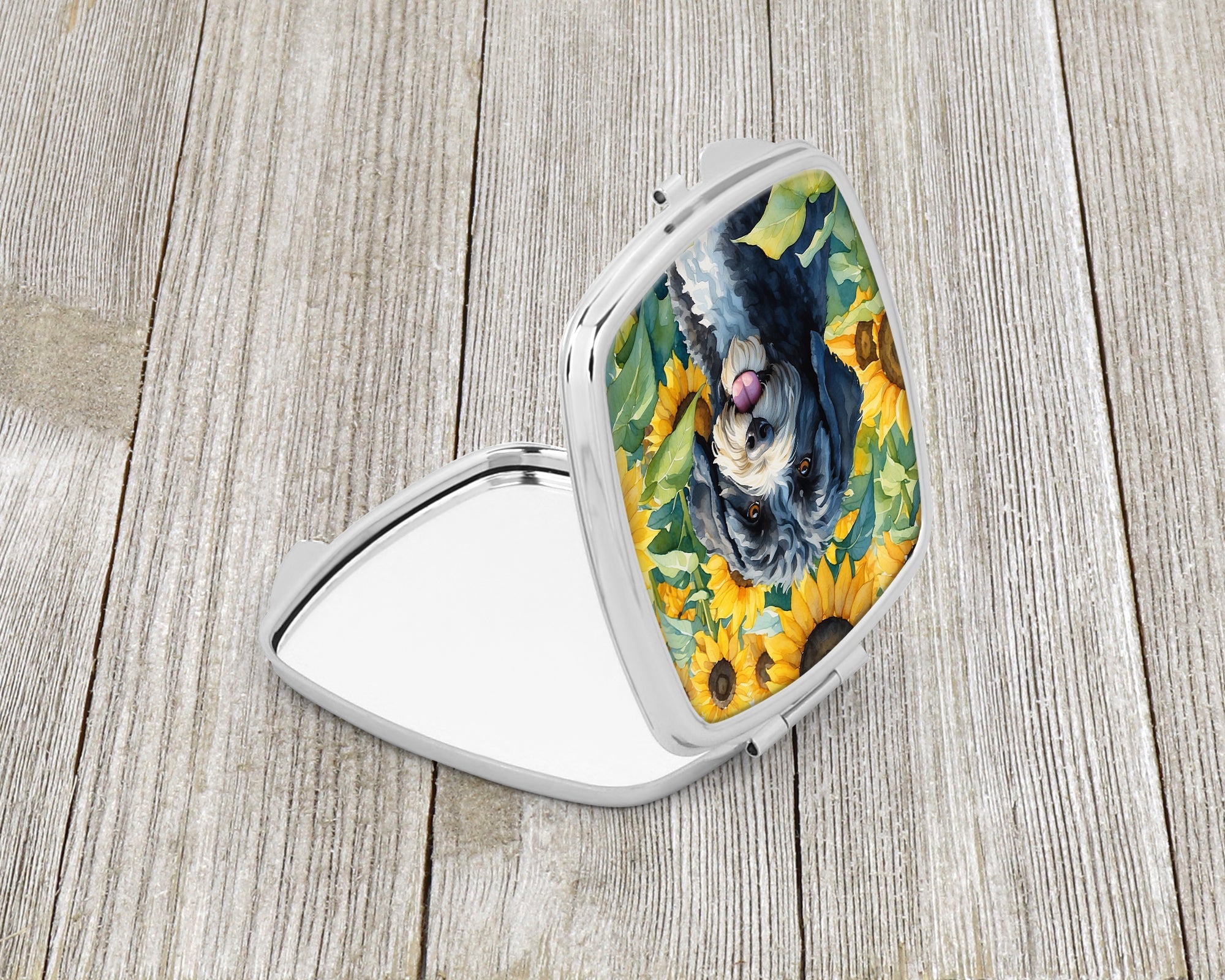 Portuguese Water Dog in Sunflowers Compact Mirror Decorative Travel Makeup Mirror for Women Girls Gifts Pocket Makeup Mirror Folding Handheld