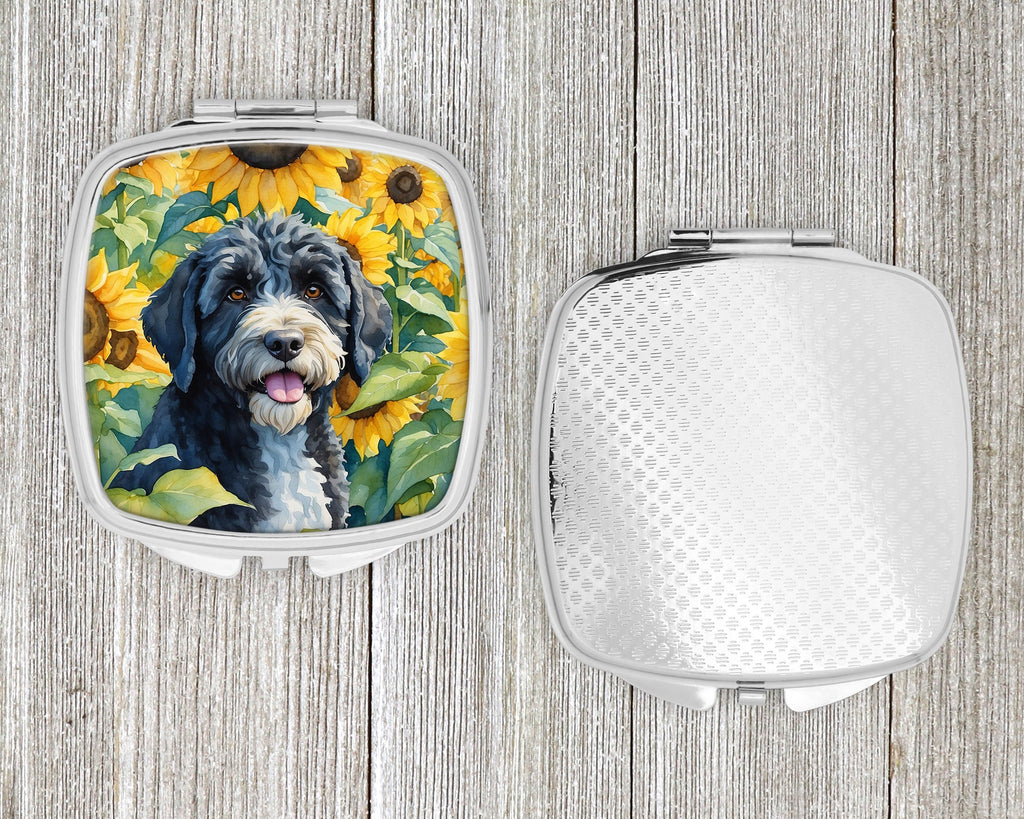Portuguese Water Dog in Sunflowers Compact Mirror Decorative Travel Makeup Mirror for Women Girls Gifts Pocket Makeup Mirror Folding Handheld